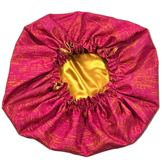 Pink/Gold Ankara Satin Bonnet